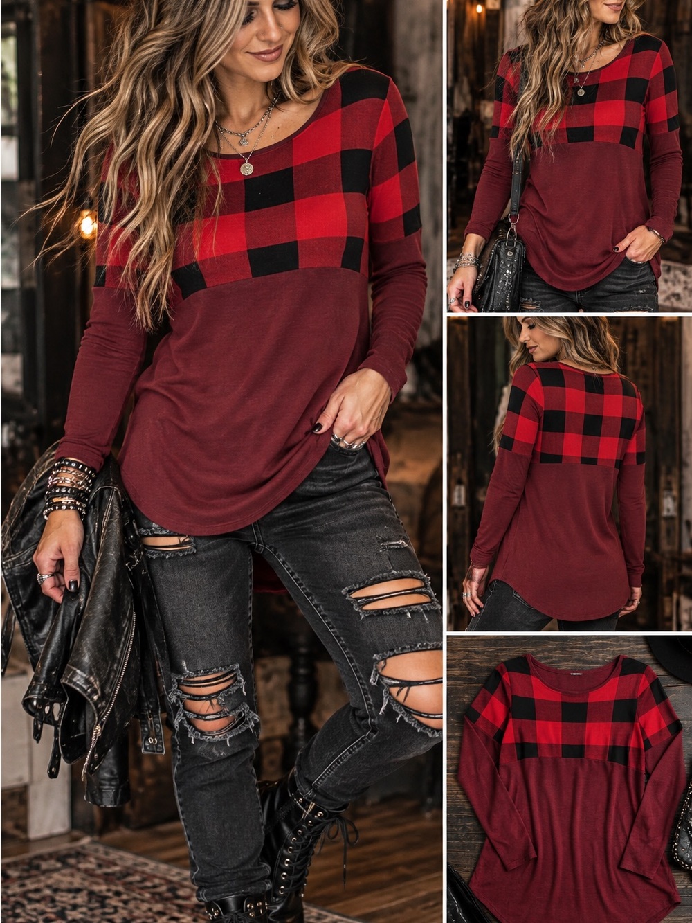 Zenana Red Buffalo Plaid Yoke Long-Sleeve Tunic - Casual Pullover